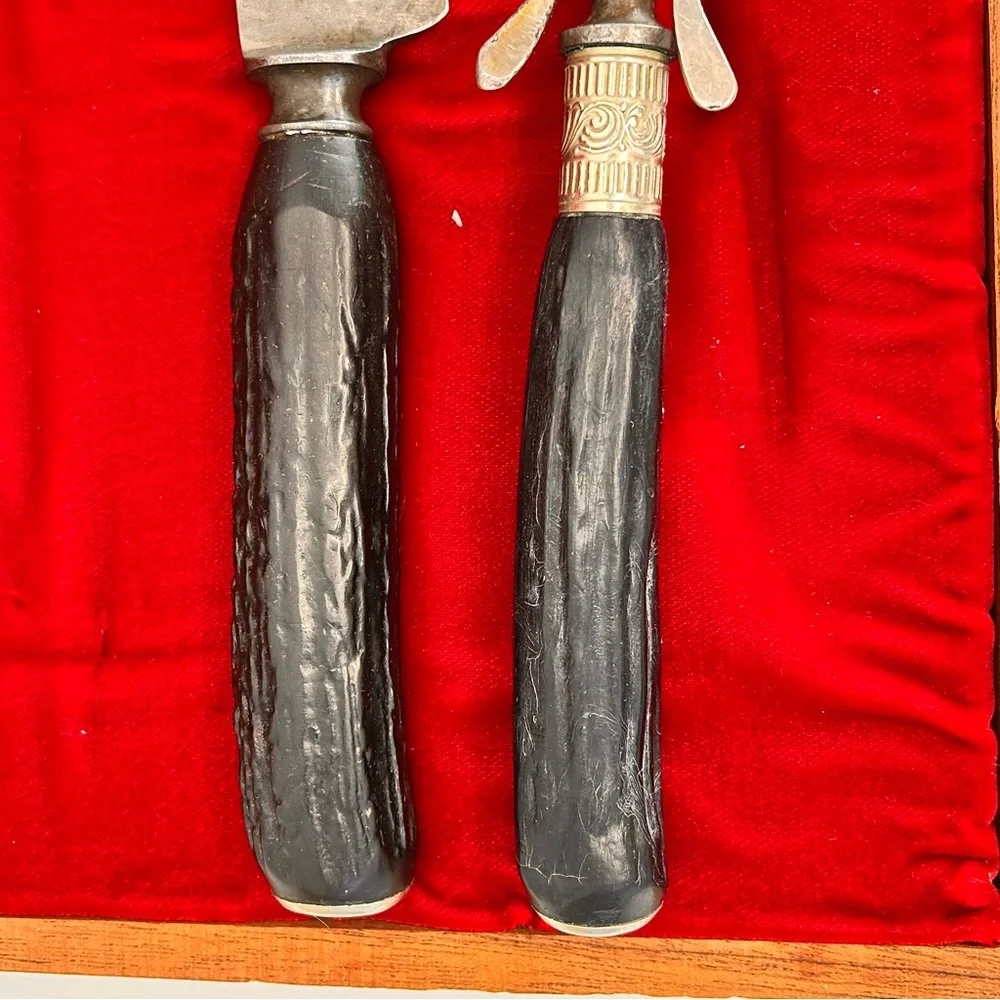 Victorian Carving Knife Fork Set Antler Handles Original Box Thanksgiving